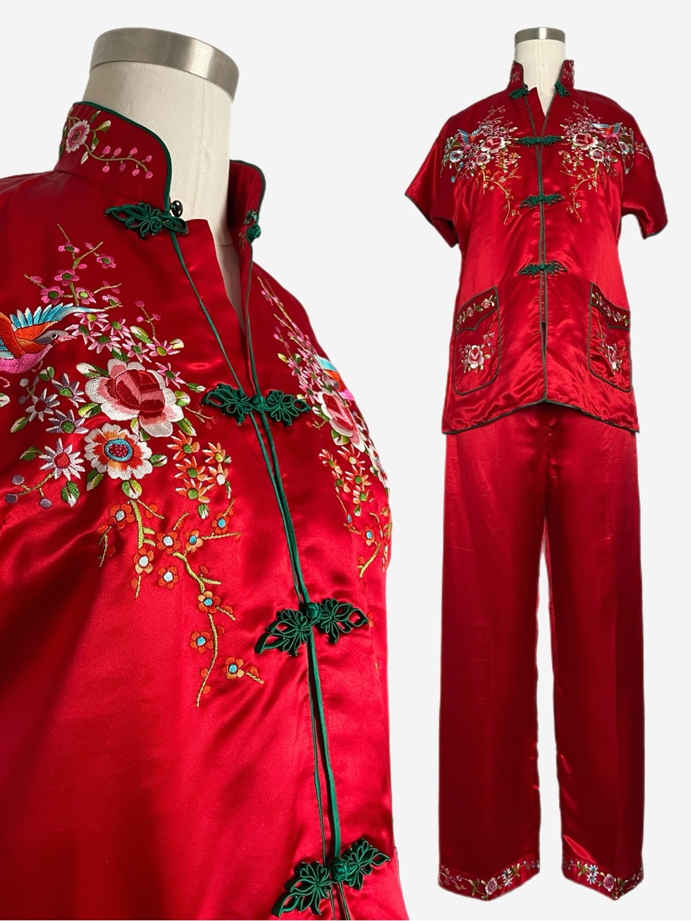 Vintage Plum Blossoms red floral embroidered silk satin pajama lounge set XS